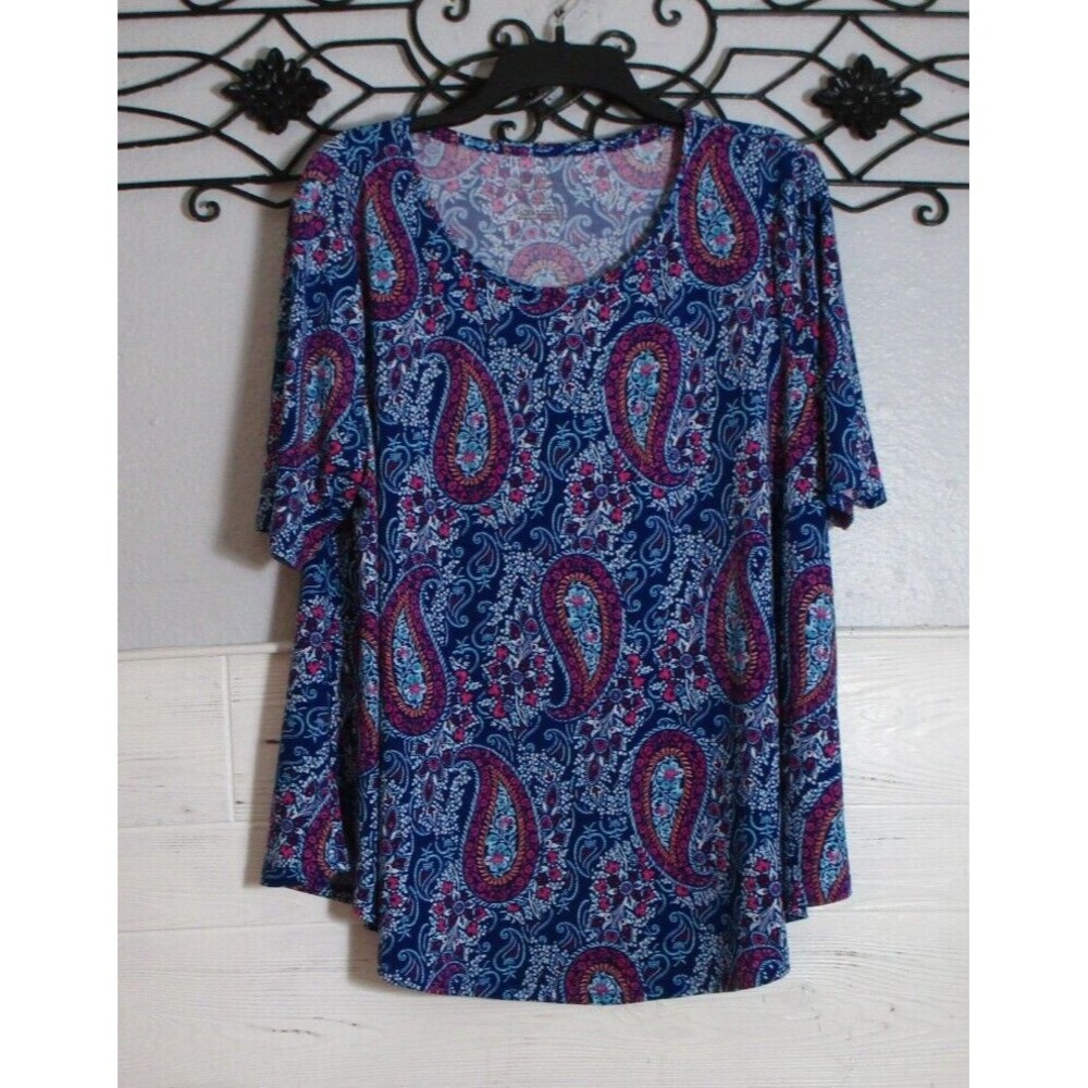 Chico's Knit Women's Top Size 2 Short Sleeve Multicolored Paisley Round Neck - Picture 1 of 5